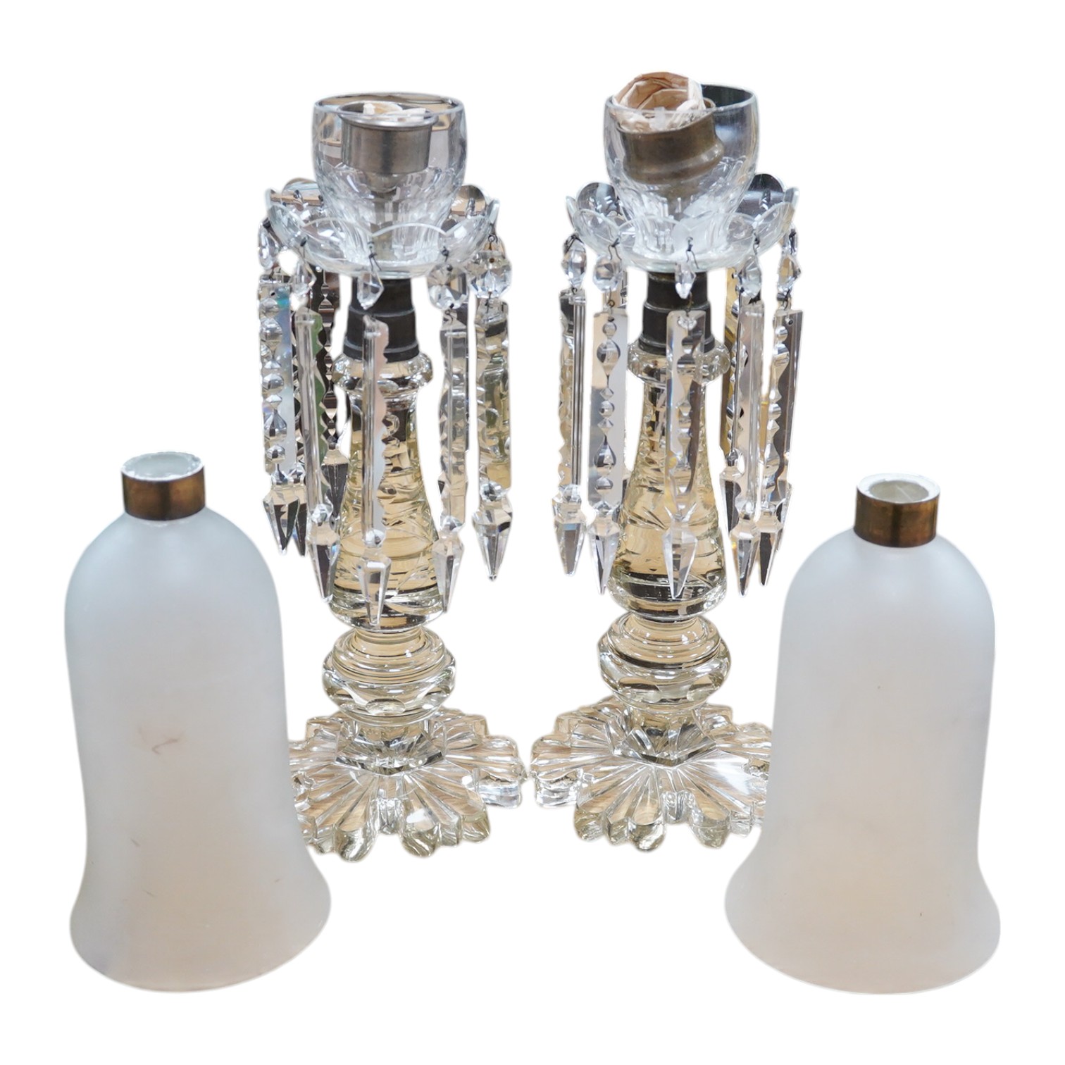 A large pair of French 19th century glass lustre drop storm lights with frosted shades, overall 66cm high. Condition - fair, some chipping